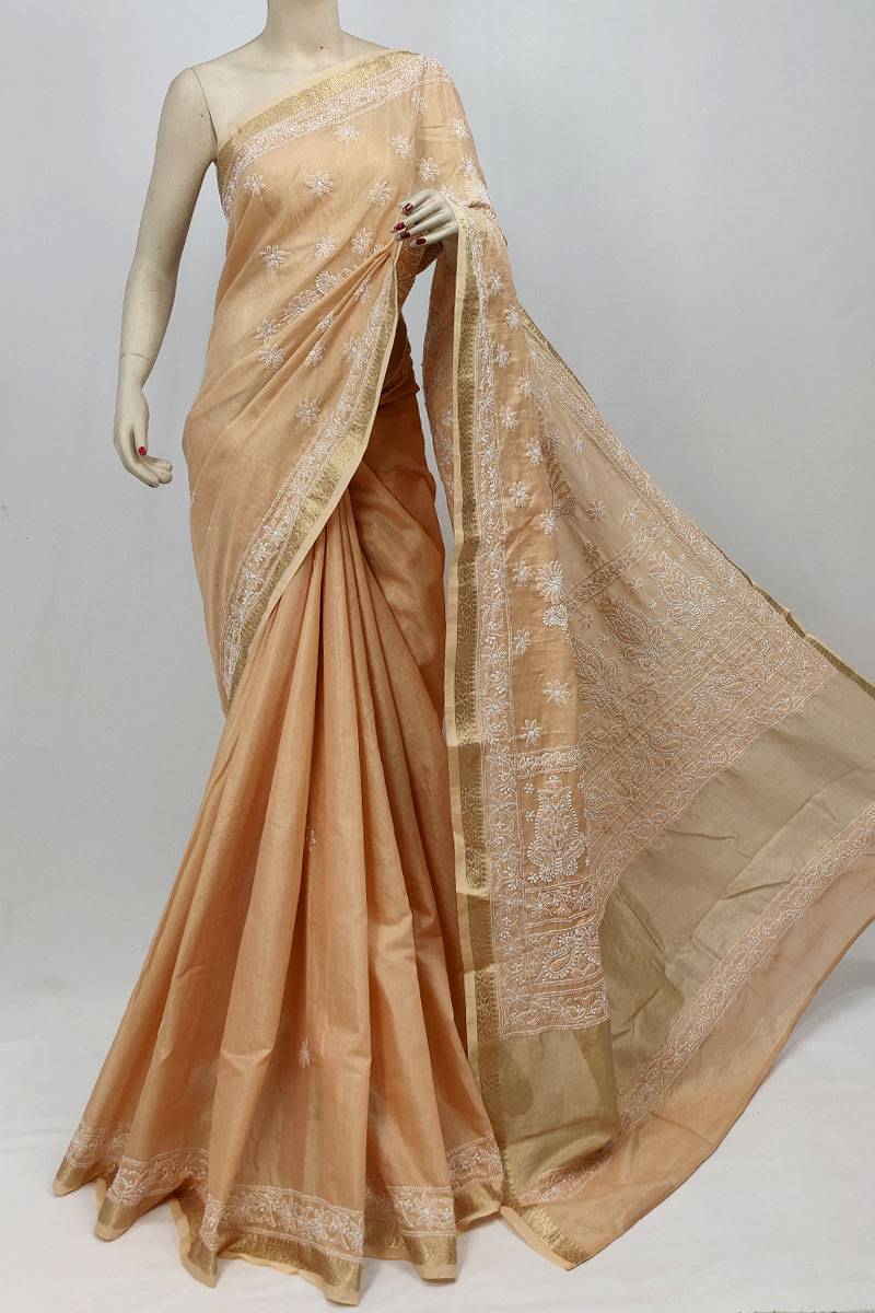 Light Orange Colour Chanderi Cotton Designer Lucknowi Chikankari Saree With Blouse MC253252