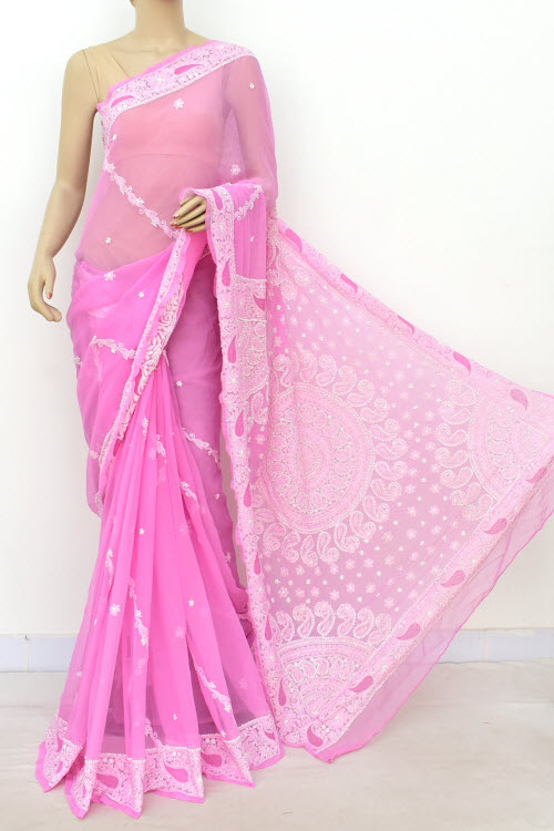 Pink Hand Embroidered Lucknowi Chikankari Saree (Georgette-With Blouse) 14627