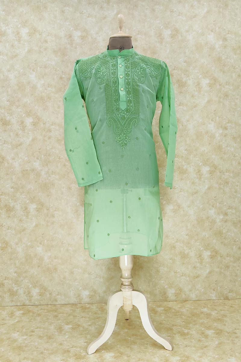 Green Lucknowi Mens Chikan Kurta (cotton) Mc251435