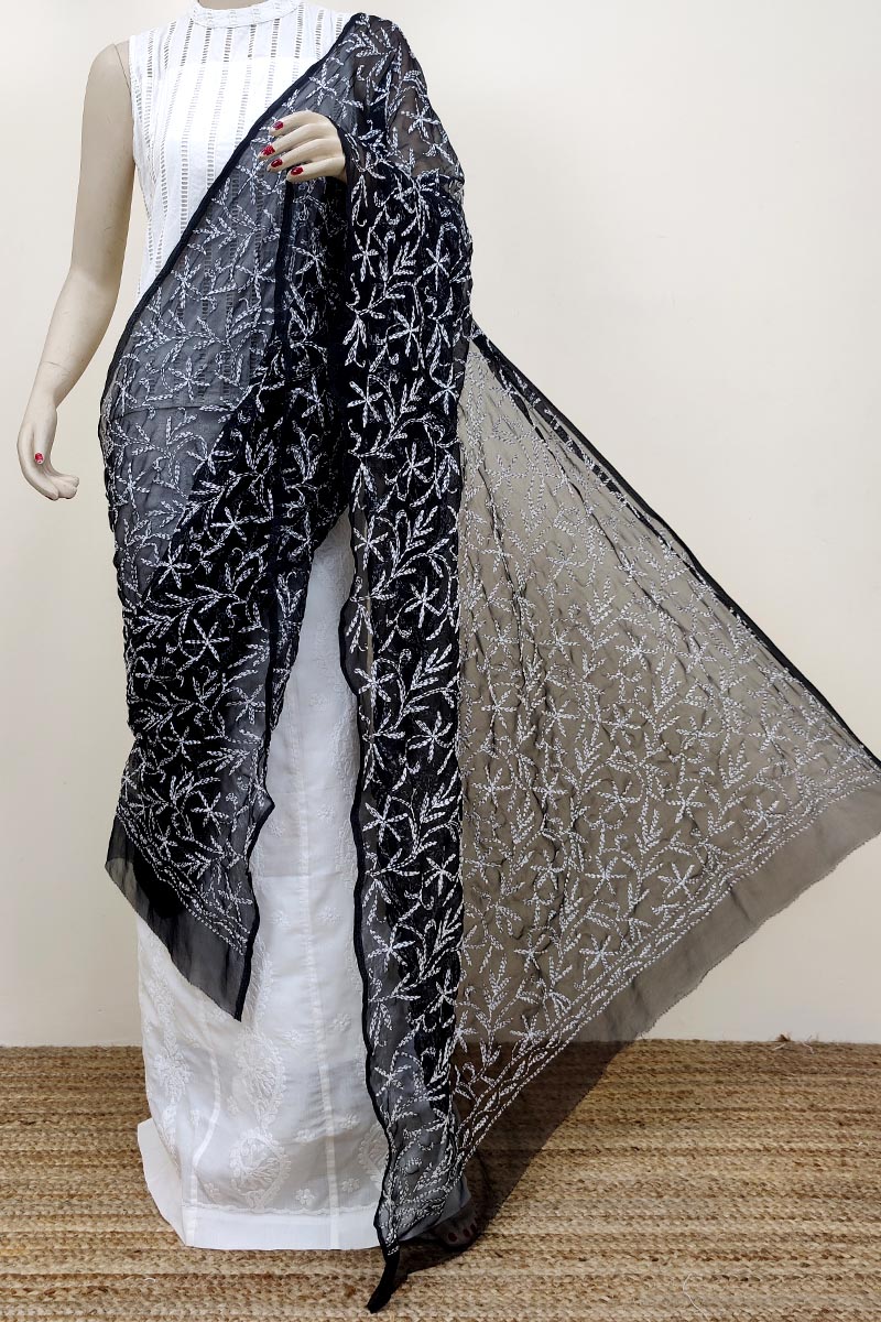 Black colour Georgertte Hand Embroidered Lucknowi Chikankari Dupatta MC252693