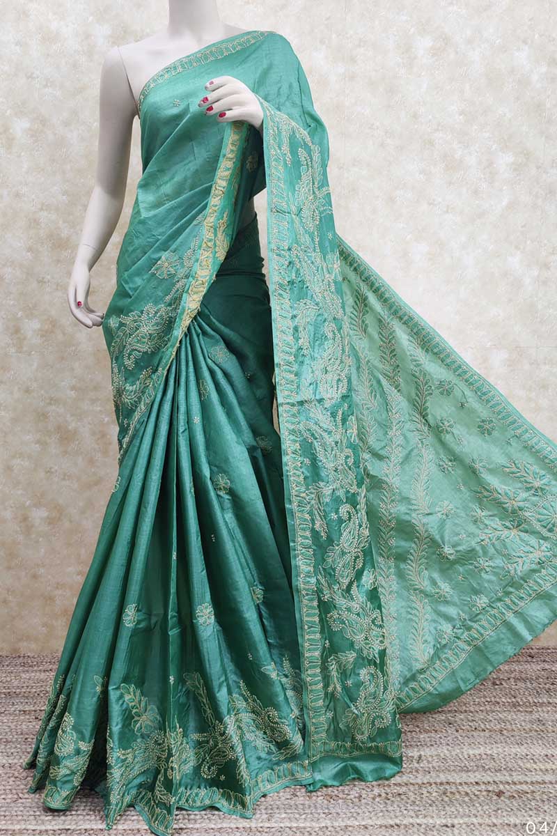 Teal Green Color Tussar Silk Lucknowi Chikankari Saree (with Blouse) Mc251676