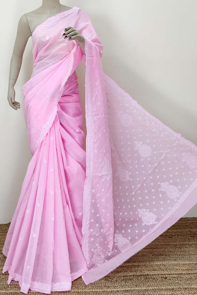 Pink Color Hand Embroidered Lucknowi Chikankari Saree (With Blouse - Cotton) MC252390