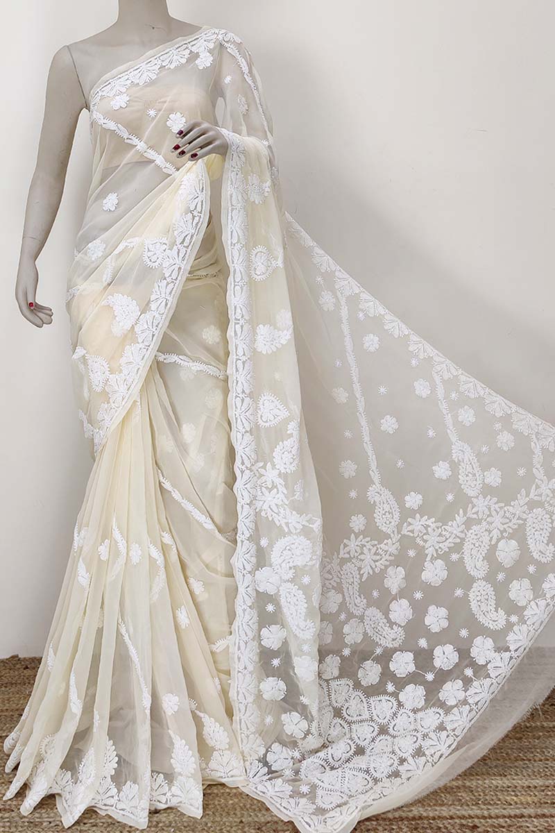 Fawn Color Hand Embroidered Lucknowi Chikankari Saree (with Blouse - Georgette) Mc252392