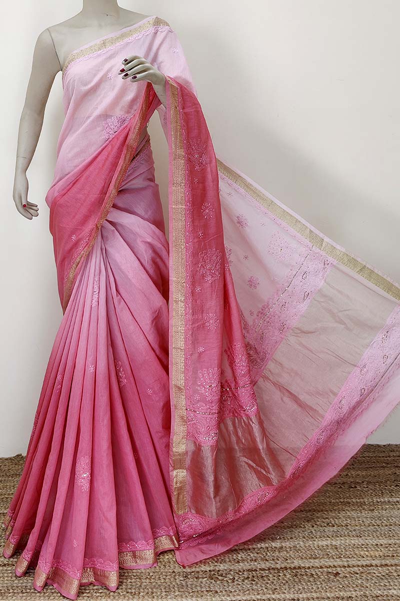 Shaded Peach Color Chanderi Silk Chikankari Saree With Mukaish Work (with Blouse) Mc252393