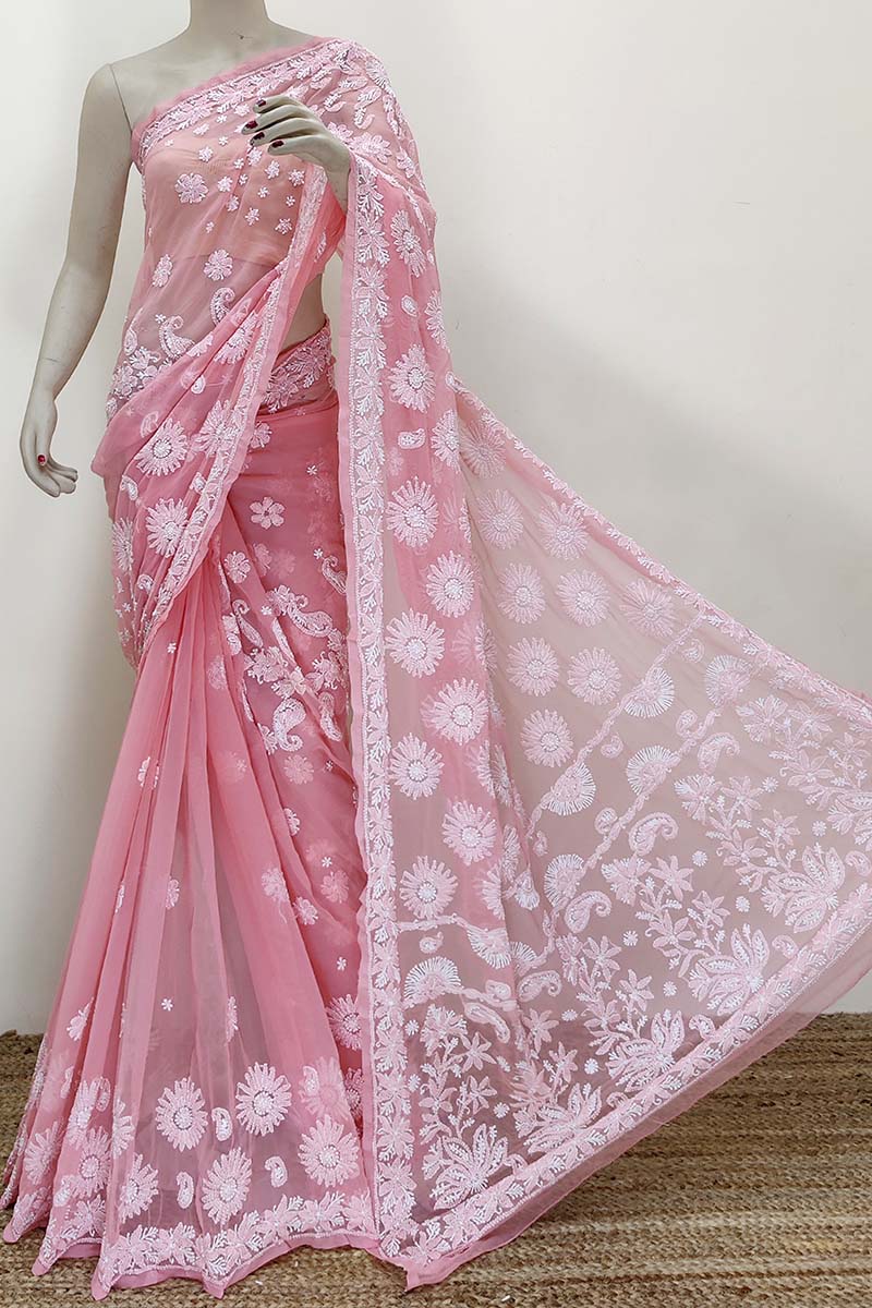 Peach Color Hand Embroidered Lucknowi Chikankari Saree (with Blouse - Georgette) Mc252399