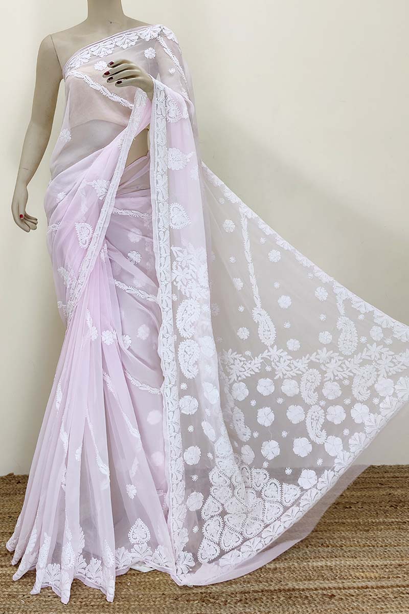 Baby Pink Color Hand Embroidered Lucknowi Chikankari Saree (With Blouse - Georgette) MC252400