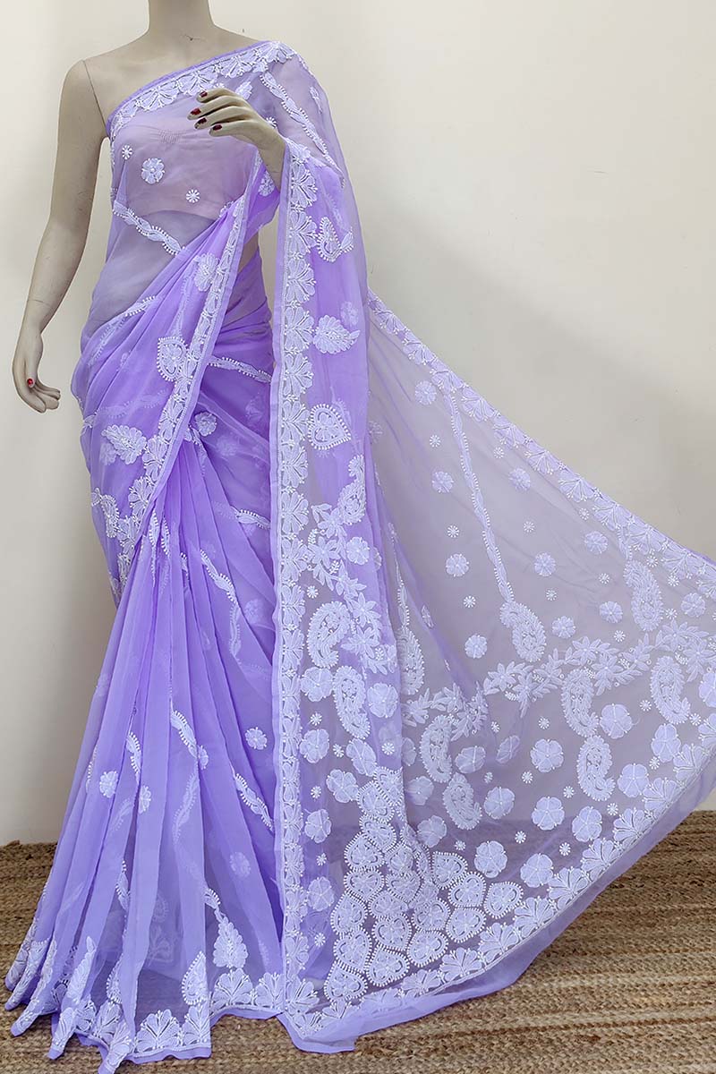 Lavender Color Hand Embroidered Lucknowi Chikankari Saree (With Blouse - Georgette) MC252402