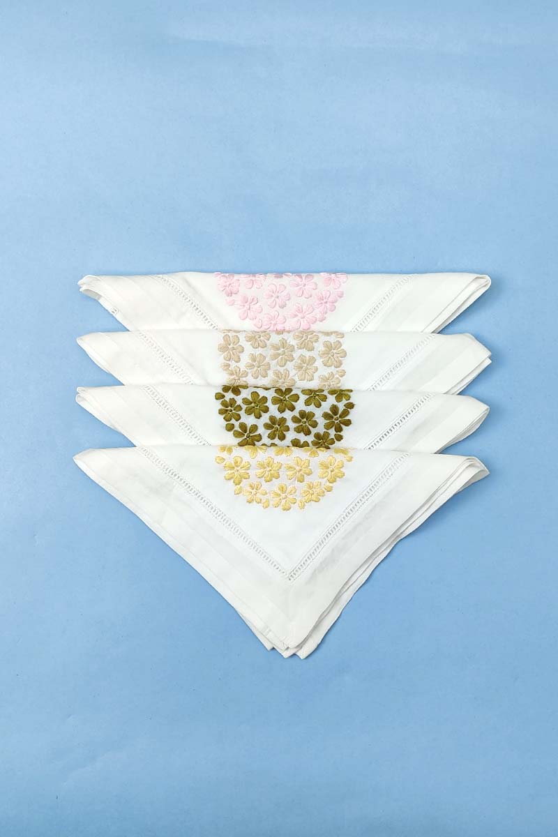 Hand Embroidered White Cotton Lucknowi Chikan Tea Napkin Set  (4-Pieces) - MC251372