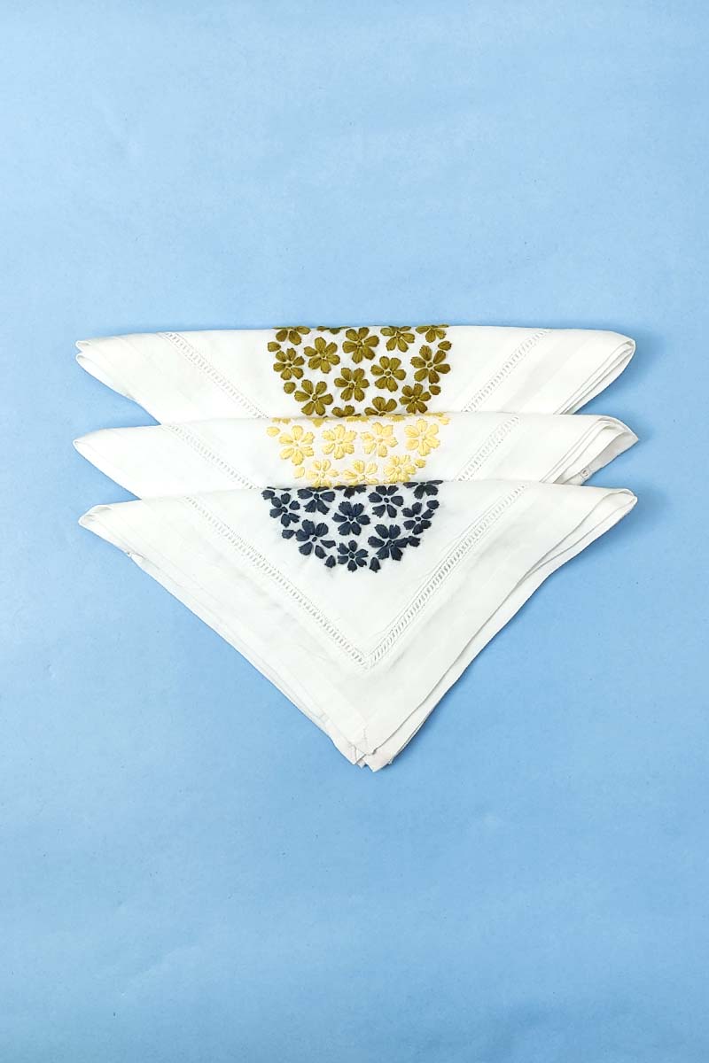 Hand Embroidered White Cotton Lucknowi Chikan Tea Napkin Set  (3-Pieces) - MC251375