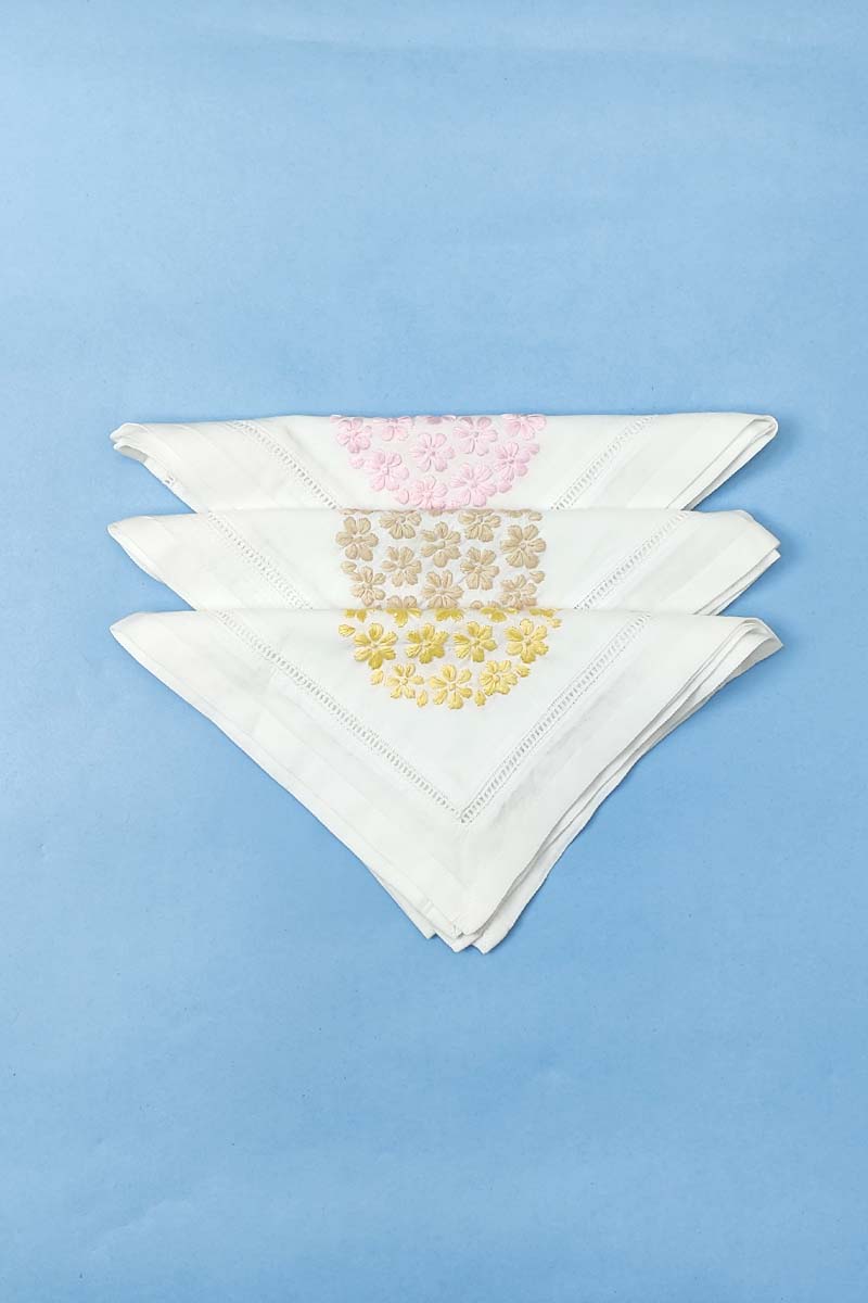 Hand Embroidered White Cotton Lucknowi Chikan Tea Napkin Set  (3-pieces) - Mc251376