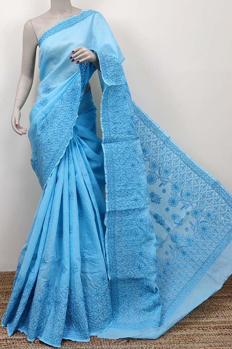 Blue Color Designer Hand Embroidered Lucknowi Chikankari Saree (With Blouse - Cotton) MC252524