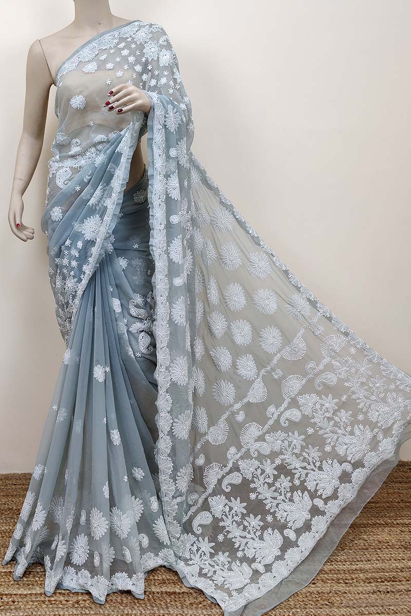 Grey Color Hand Embroidered Lucknowi Chikankari Saree (with Blouse - Georgette) Mc252526