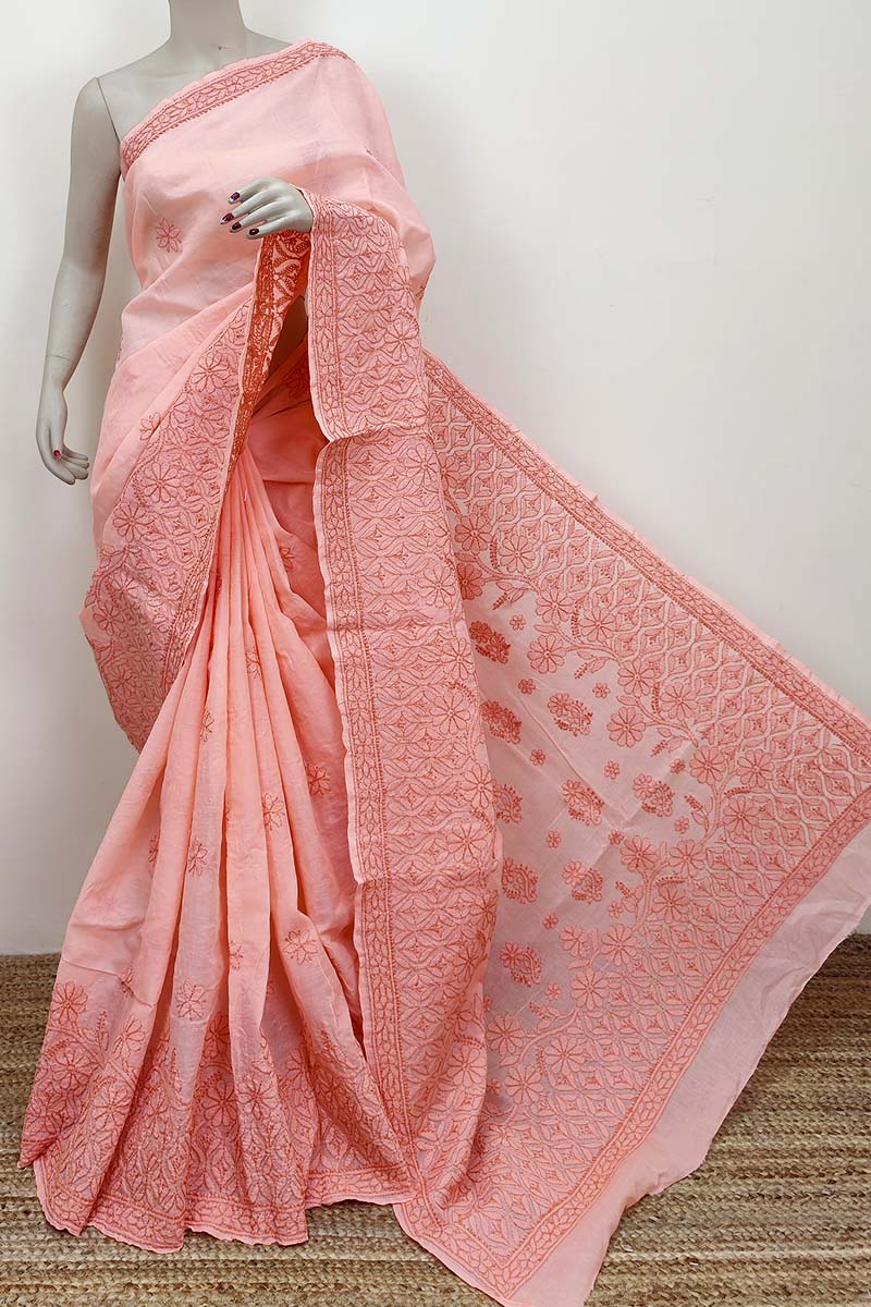 Light Orange Color Designer Hand Embroidered Lucknowi Chikankari Saree (With Blouse - Cotton) MC252527