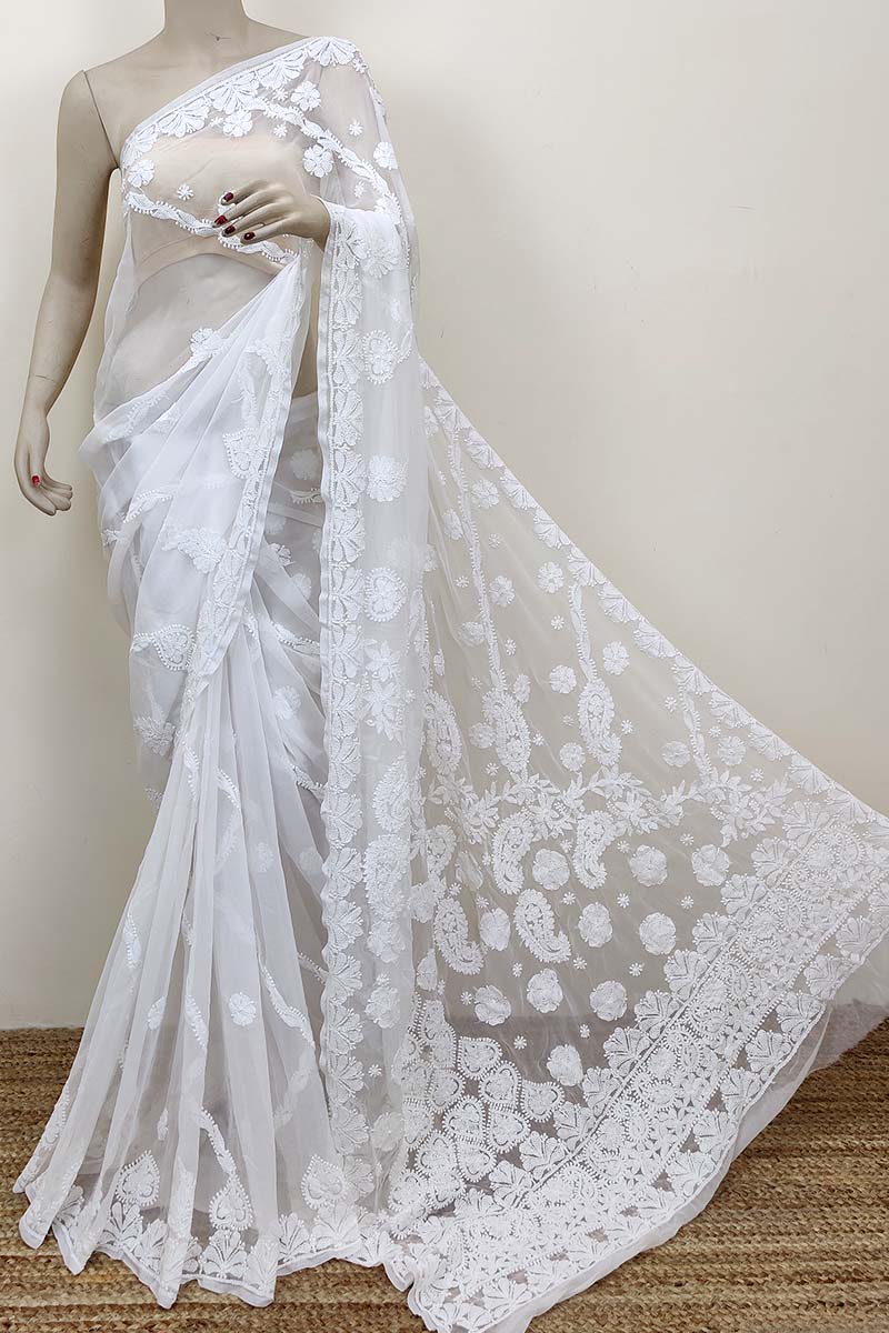 White Color Hand Embroidered Lucknowi Chikankari Saree (with Blouse - Georgette) Mc252529