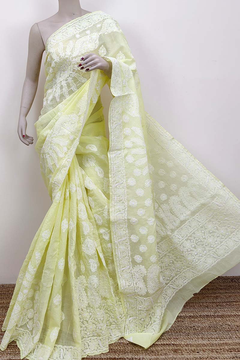 Lemon Color Designer Hand Embroidered Lucknowi Chikankari Saree (with Blouse - Cotton) Mc252530