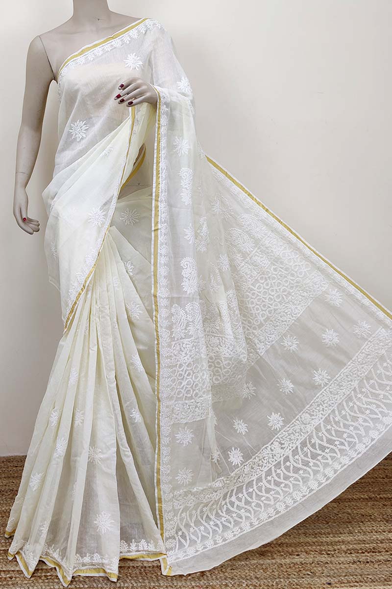 Cream color Hand Embroidered Work Lucknowi Chikankari Saree With Blouse (Chanderi Cotton) MC252545