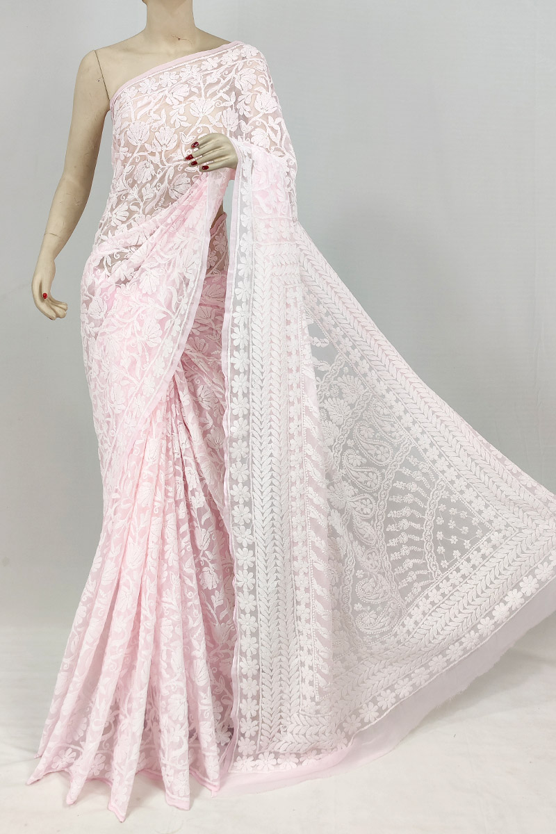 Baby Pink Colour Georgette Allover Chikankari Saree With Blouse MC253118