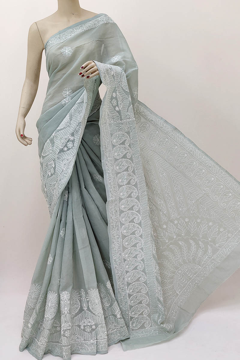 Grey Color Hand Embroidered Lucknowi Chikankari Saree (with Blouse - Cotton) Mn252124