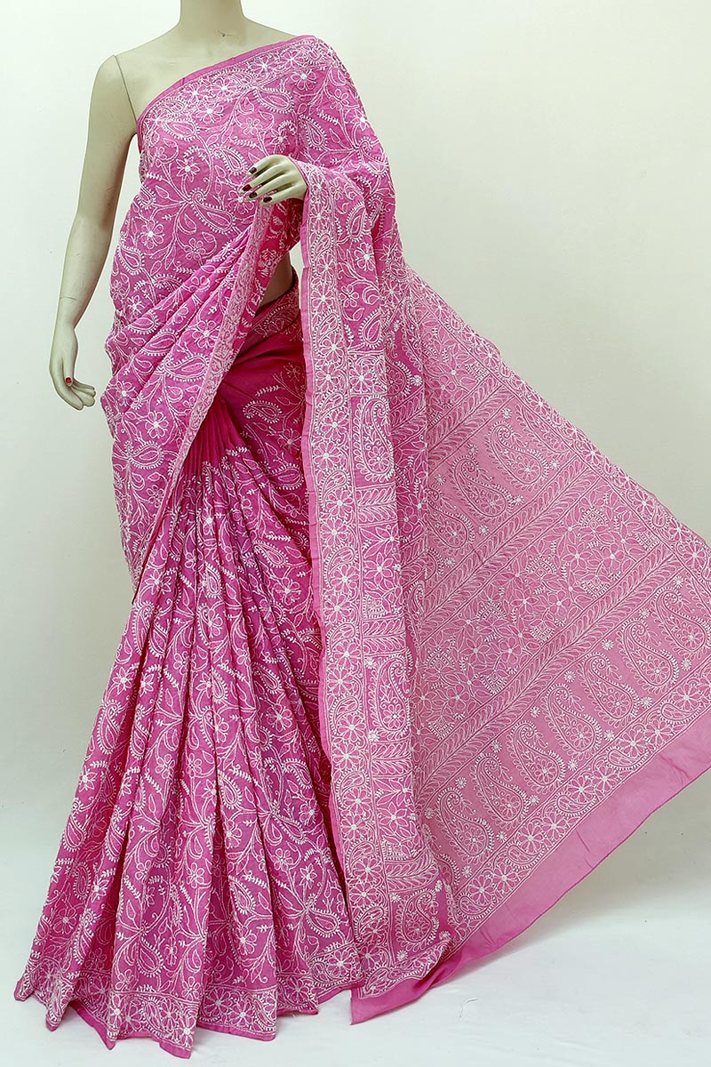 Dark Pink Color Allover Hand Embroidered Lucknowi Chikankari Saree (with Blouse - Cotton) Mn252131