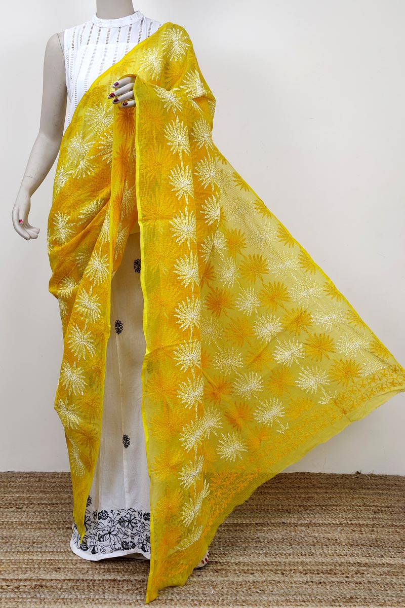 Yellow Colour Kota Cotton Hand Embroidered Lucknowi Chikankari Dupatta Mc252695