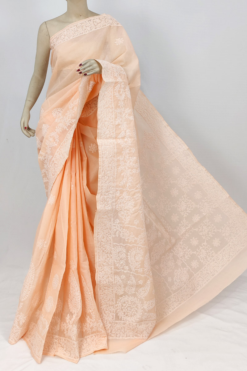 Orange Colour Cotton Lucknowi Chikankari Saree With Blouse MC253208