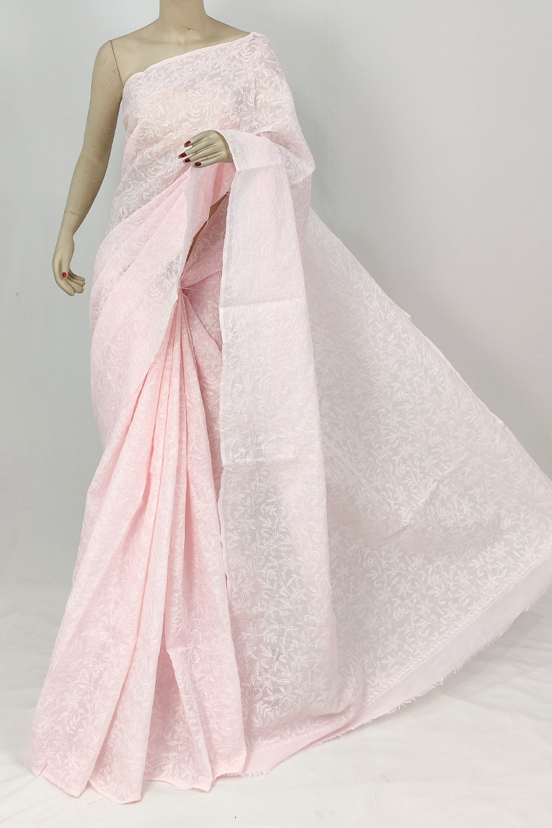 Baby Pink Colour Cotton Tepchi Lucknowi Chikankari Saree With Blouse MC253209