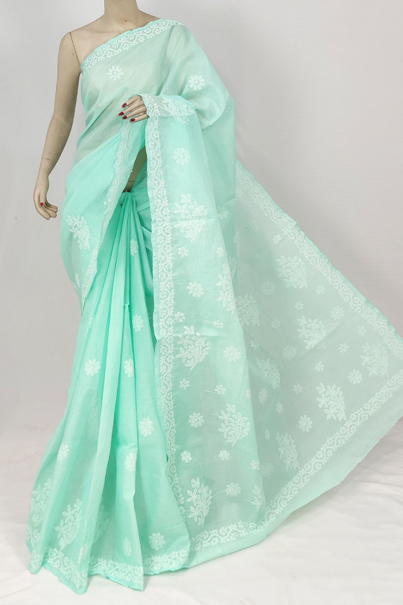 Mint Green Colour Cotton Lucknowi Chikankari Saree With Blouse MC253210