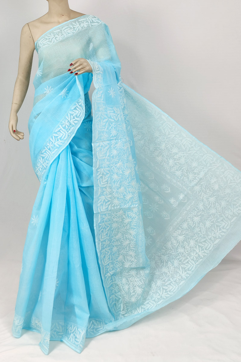 Sky Blue Colour Kota Cotton Chikankari Saree With Blouse MC253201