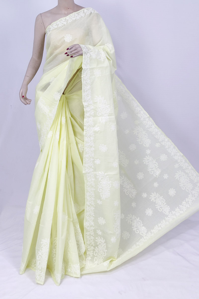 Lemon Green Colour Cotton Lucknowi Chikankari Saree With Blouse MC253203