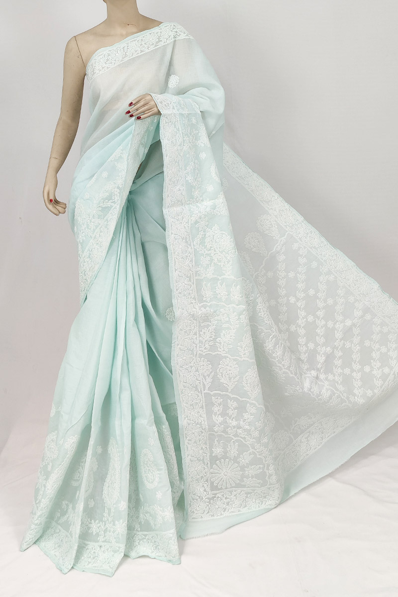 Mint Green Colour Cotton Lucknowi Chikankari Saree With Blouse MC253204