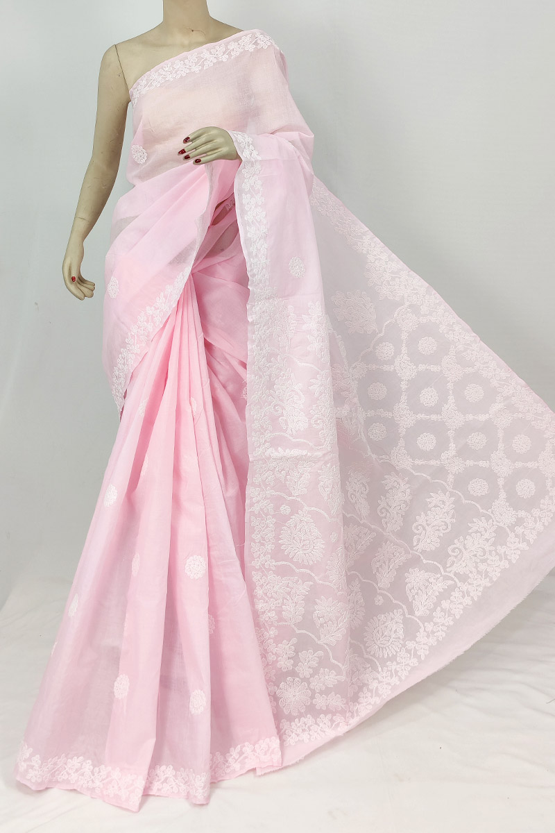 Baby Pink Green Colour Cotton Lucknowi Chikankari Saree With Blouse253207
