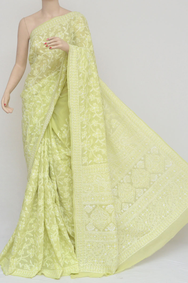 Parrot Green Color Allover Hand Embroidered Cotton Lucknowi Chikankari Saree (with Blouse-cotton) Mc250975