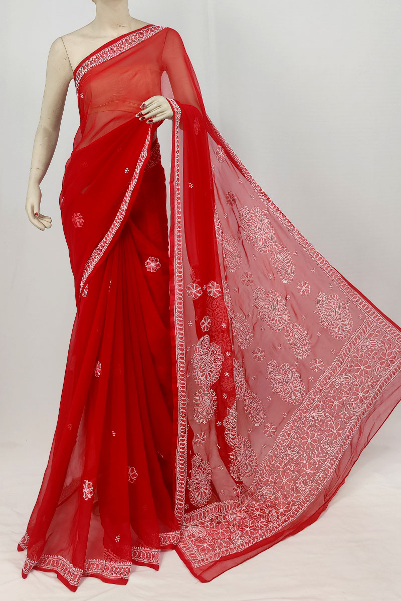 Red Color Georgette Designer Lucknowi Chikankari Saree With Blouse MC253315