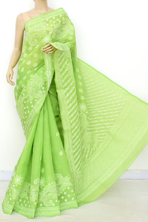 Green Color Hand Embroidered Lucknowi Chikankari Saree (With Blouse - Cotton) 14774