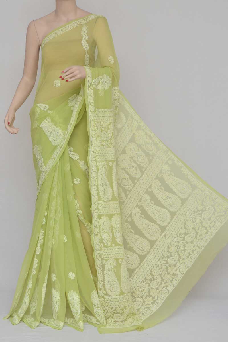 Green Color, Hand Embroidered Lucknowi  Chikankari Saree (with Blouse - Georgette) My250867