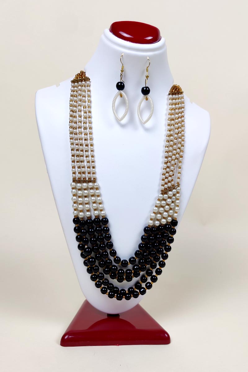 Black & White Color Beaded Layered Necklace With A Dangle Earings Mc252645