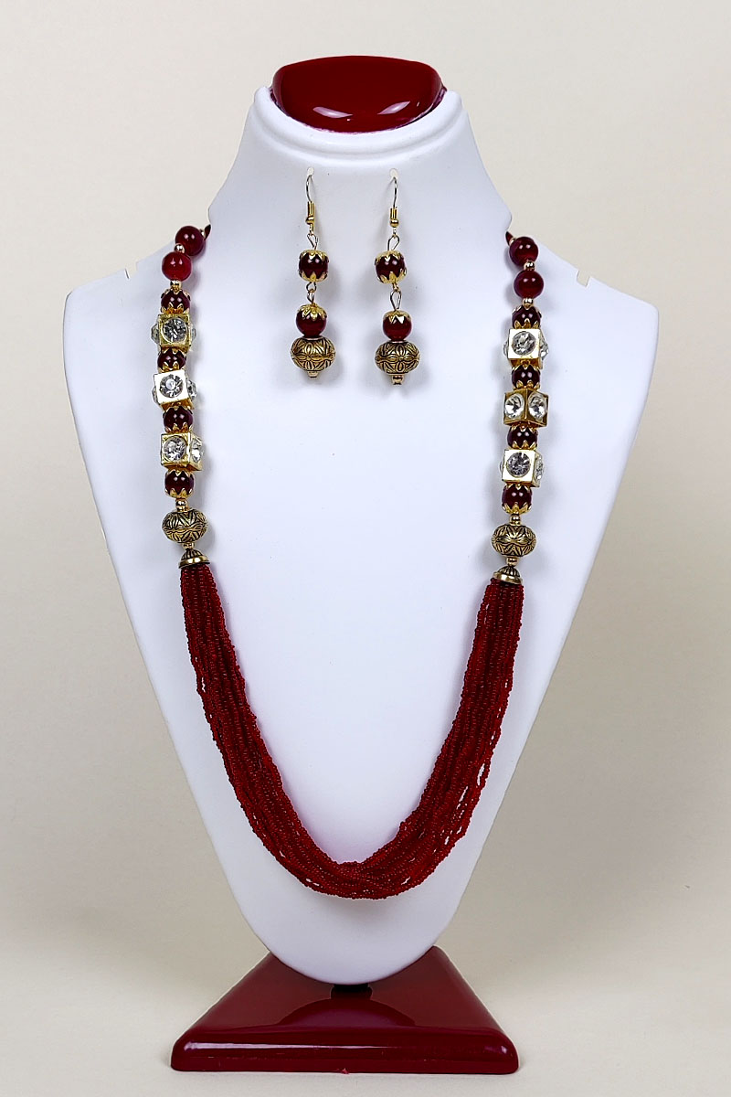 Red Color Neckpiece Pearl Work and Zircon Beaded Chains and with a pair of Dangle Earrings MC252630 MC252632