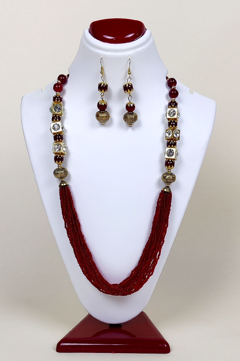 Red Color Neckpiece Pearl Work And Zircon Beaded Chains And With A Pair Of Dangle Earrings Mc252630 Mc252632