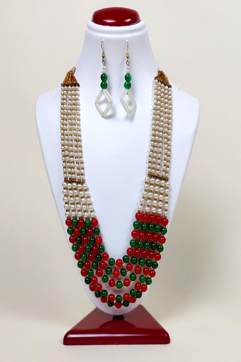 Red Green & White Color Beaded Layered Necklace With A Dangle Earings Mc252641