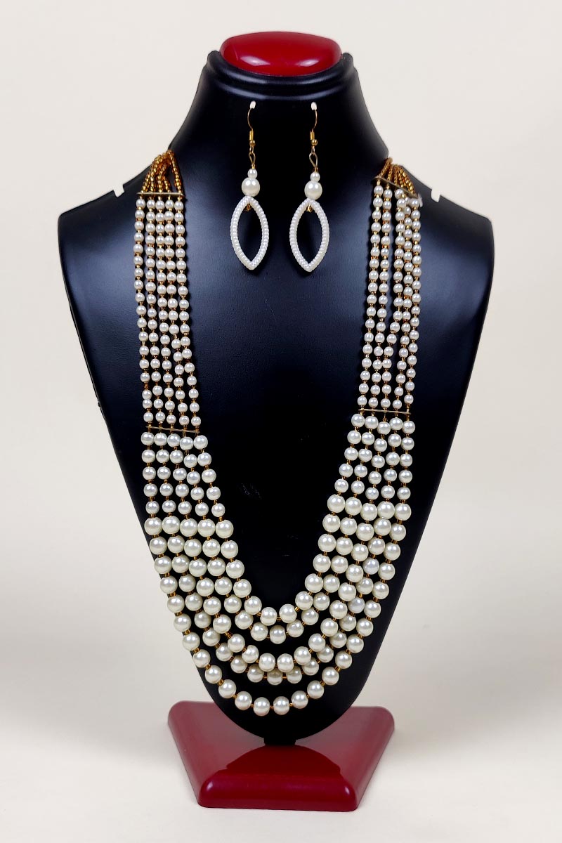 White Color Beaded Layered Necklace With A Dangle Earings Mc252642