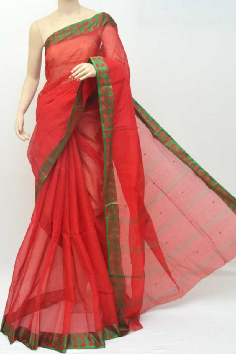 Red Colour Cotton Tant Bengal Handloom Saree (without Blouse) - Mc251104