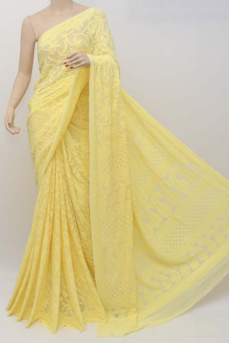 Yellow Color Hand Embroidered Allover Lucknowi Chikankari Saree (with Blouse - Viscose Georgette) 