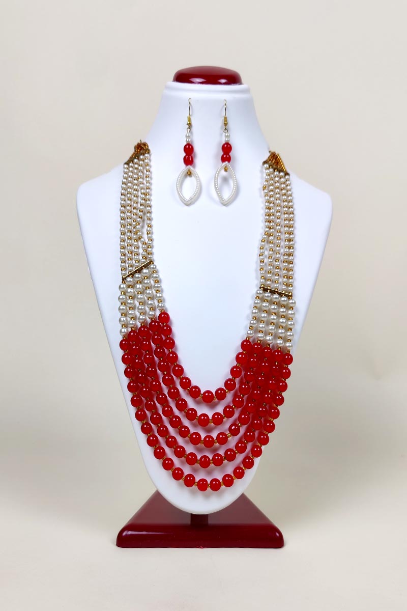 Red & White Color Beaded Layered Necklace With A Dangle Earings Mc252651