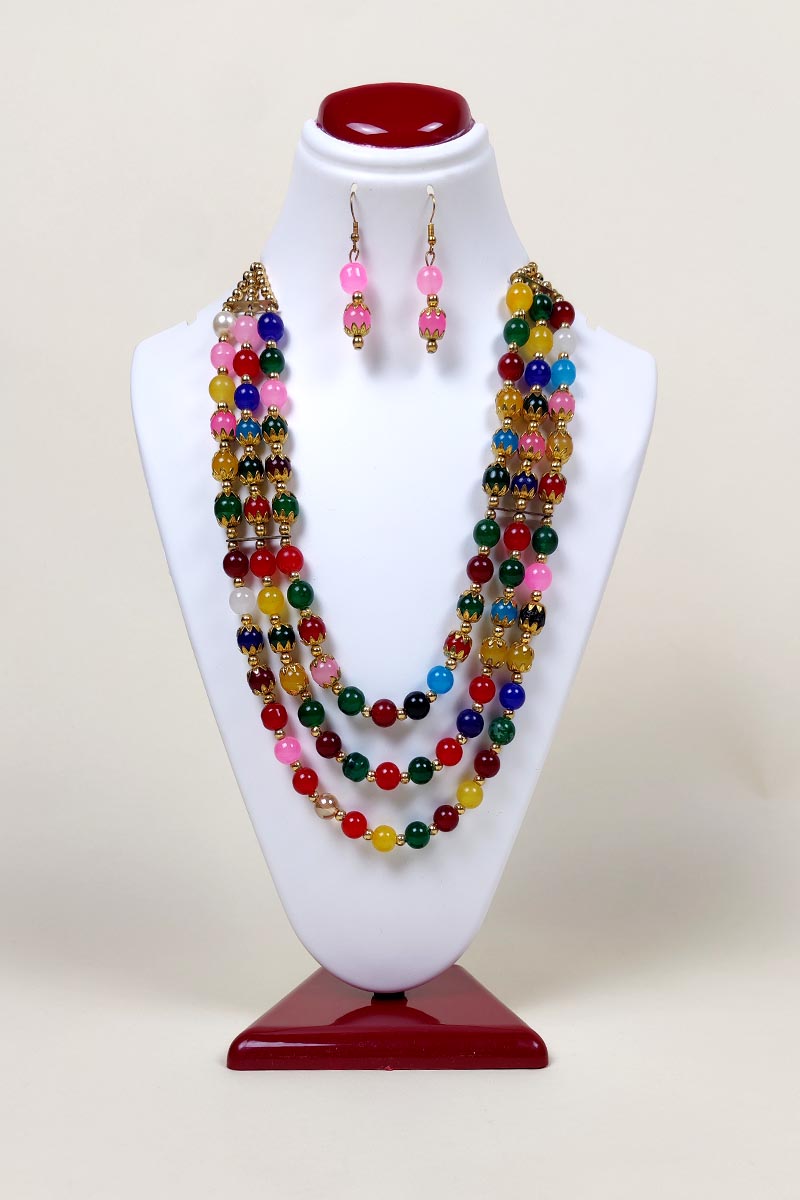 Multi Color Beaded Layered Necklace With A Dangle Earings Mc252652