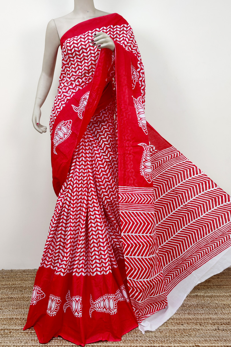 Red Colour Bengoal Handloom Mulmul Cotton Saree (without Blouse) Mc252712