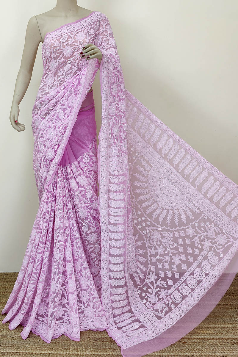 Light Onion Color Allover Hand Embroidered Lucknowi Chikankari Saree (with Blouse - Georgette) Mc252315