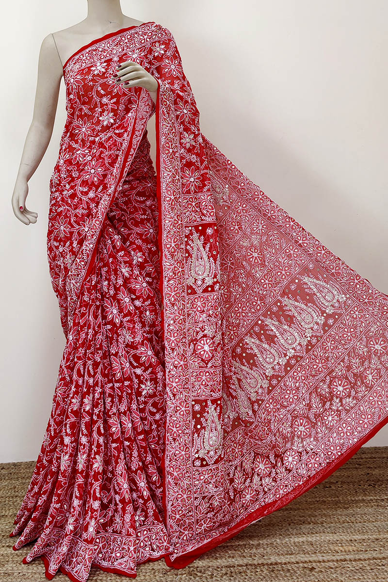 Red Color Allover Hand Embroidered Lucknowi Chikankari Saree with Gota Patti work  (With Blouse - Georgette) MC252316