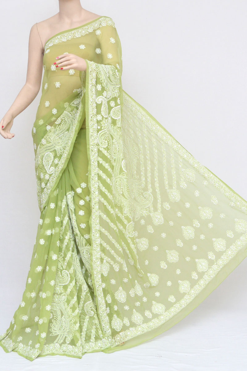 Green Color Fancy Skirt Hand Embroidered Lucknowi Chikankari Saree (With Blouse - Georgette) KC250987