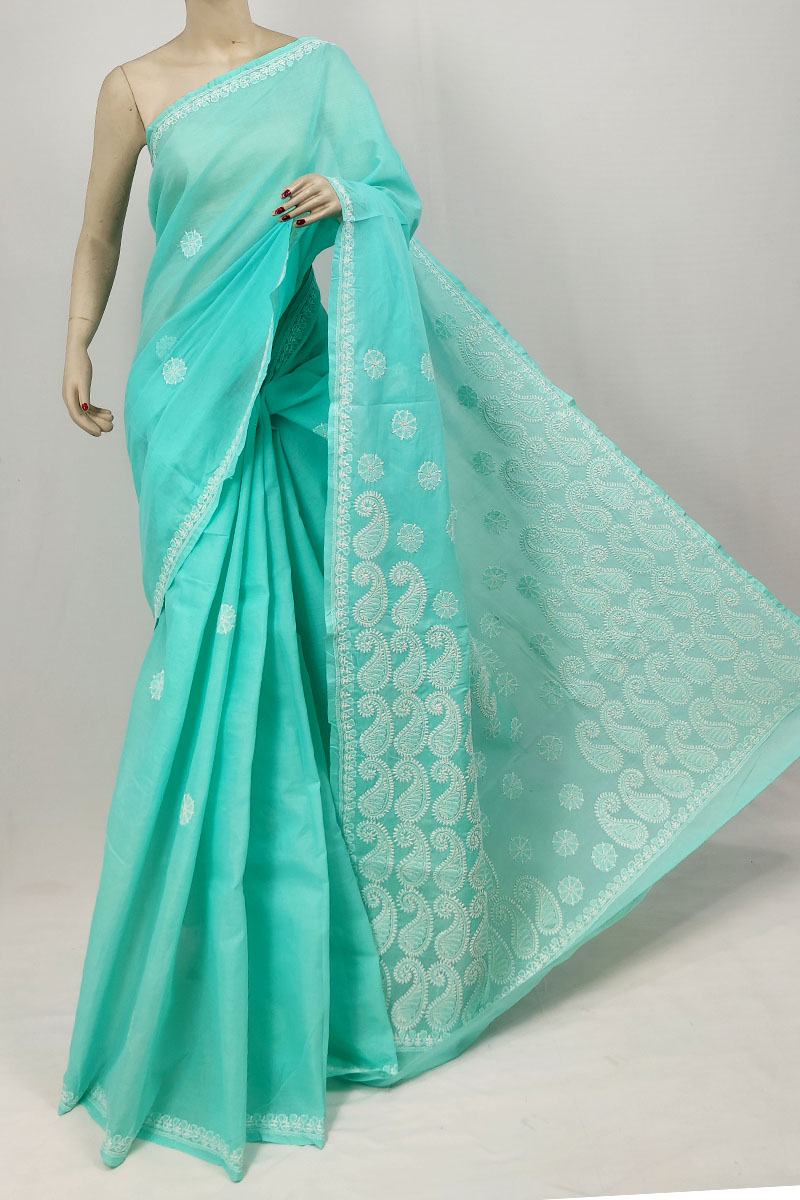 Sea Green Color Cotton Lucknowi Chikankari Saree With Blouse MC253261