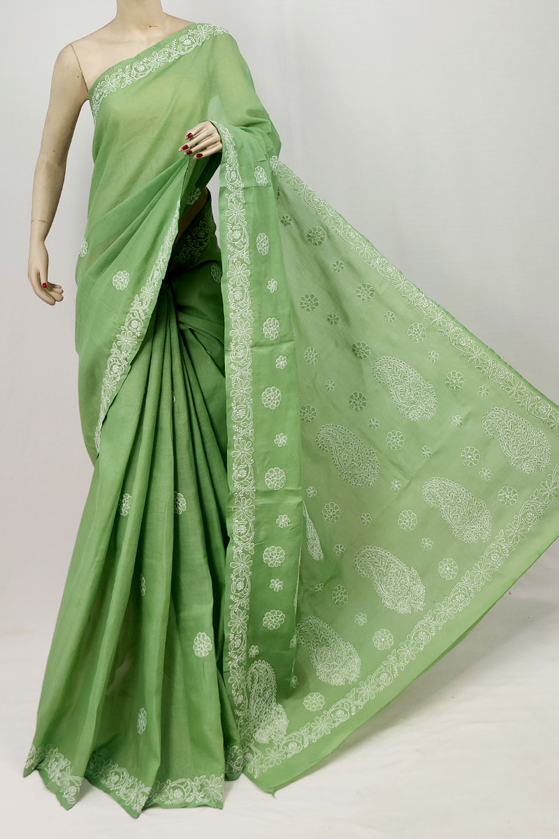 Green Color Cotton Lucknowi Chikankari Saree With Blouse MC253263
